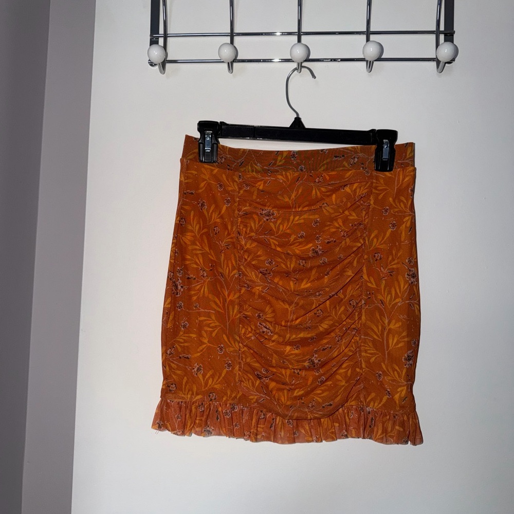 Free People Orange Floral Ruffle Ruched Mini Skirt